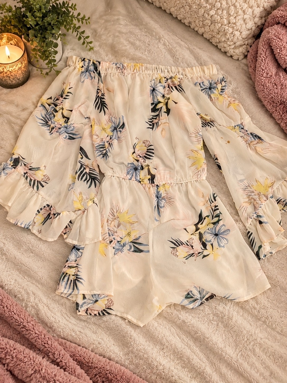 Floral Off-Shoulder Romper in Champagne Pink with Blue & Yellow Print